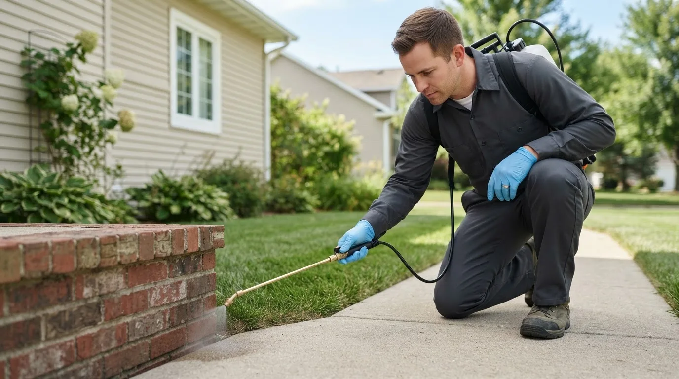 Pest control technician treating a home near Tynan, TX