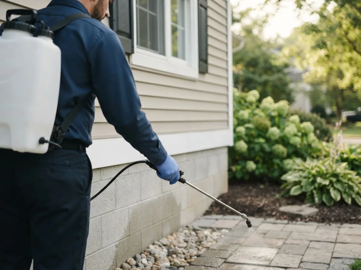 Pest control technician inspecting a home in Tynan, TX